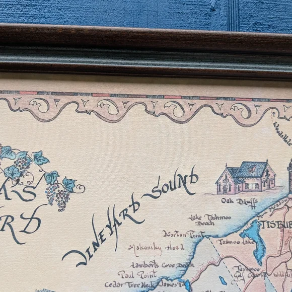 Rare Xandra Fisher Handmade Map Copyright 1979 Martha's Vineyard MA Framed